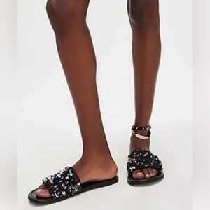 Free People Shipwreck Surf Slide Black and Silver Sequined Sandals Size 7